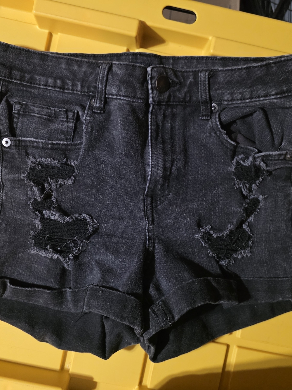 Women's Black Distressed Rolled-Hem Jean Shorts